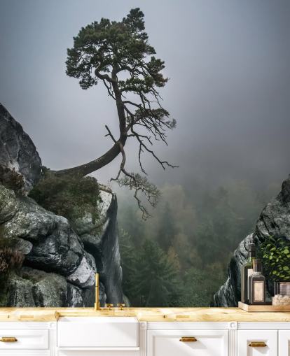 Tree Growing from Mountain Rock Wall Mural