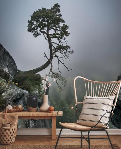 Decorazione murale con albero che cresce dalla roccia di montagna