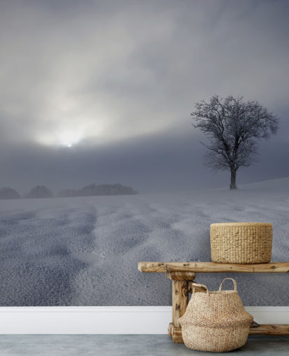 Besneeuwde winter Hillside behang