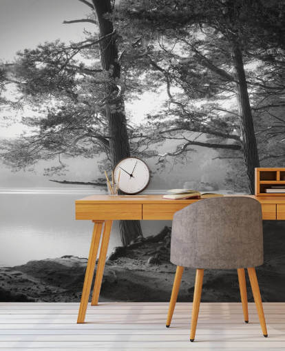 Zwart en wit meer en bos behang