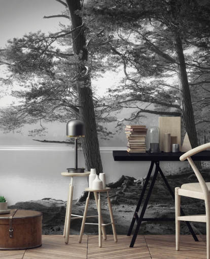 Fondo de pantalla de lago y bosque en blanco y negro