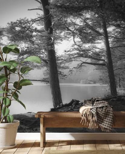 Zwart en wit meer en bos behang