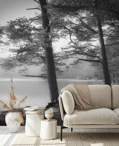 Papel de parede preto e branco do lago e da floresta