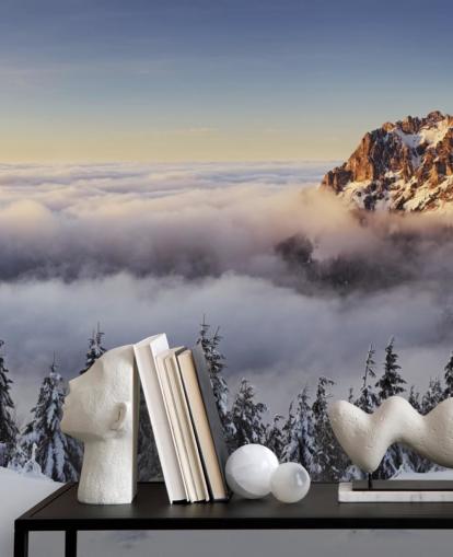 Besneeuwde Misty Mountain Muurschildering Besneeuwde Misty Mountain Muurschildering