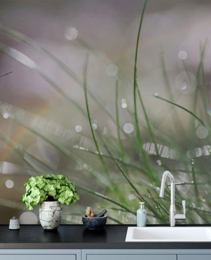 Decorazione murale con farfalla fotografata che atterra sull'erba