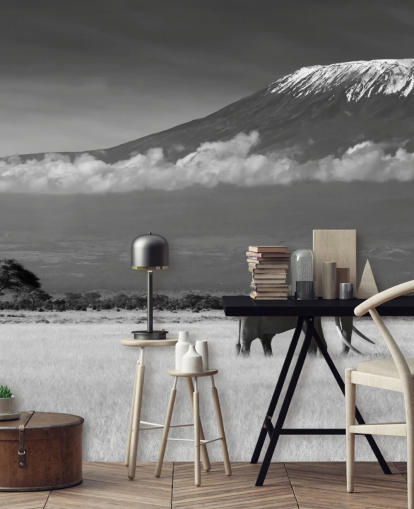 Black and White Elephant in Landscape Mural 