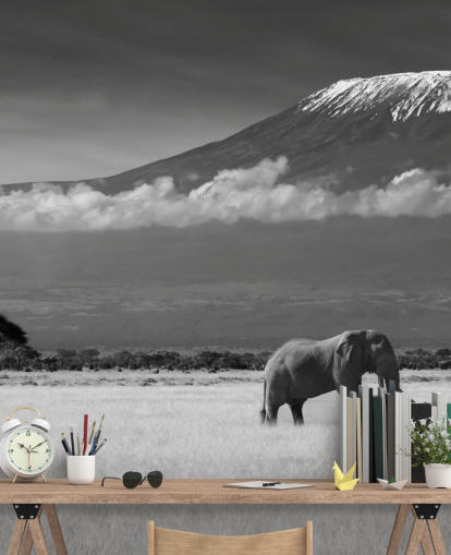 Mural Elefante blanco y negro en paisaje 
