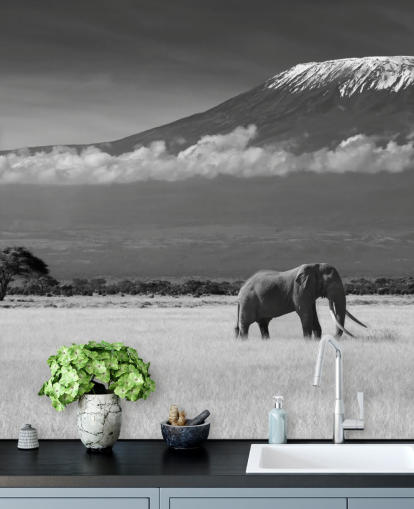 Black and White Elephant in Landscape Mural Black and White Elephant in Landscape Mural