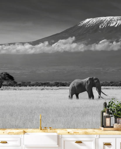 Black and White Elephant in Landscape Mural 