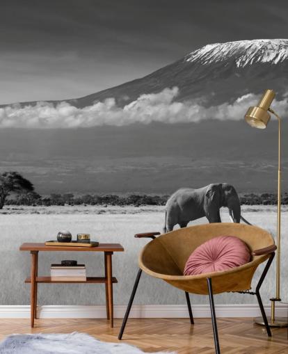 Zwart-witte olifant in landschapsmuurschildering 