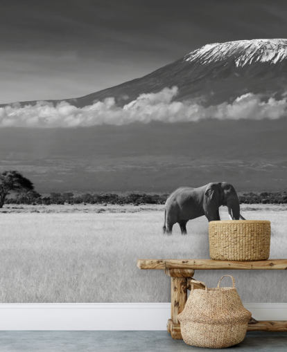 Black and White Elephant in Landscape Mural 