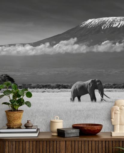 Black and White Elephant in Landscape Mural 