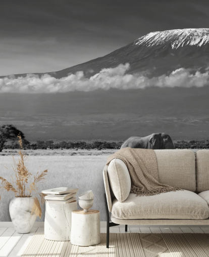 Black and White Elephant in Landscape Mural 