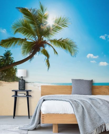 mural de papel pintado de playa personalizado azul, verde y dorado llamado Tropical Beach mural de papel pintado de playa personalizado azul, verde y dorado llamado Tropical Beach