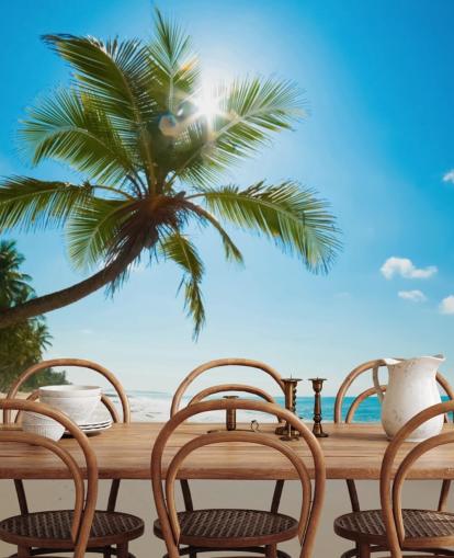 mural de papel de parede de praia personalizado azul, verde e dourado chamado Tropical Beach