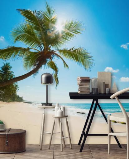 blågrøn og guld tilpasset strand tapet vægmaleri kaldet Tropical Beach