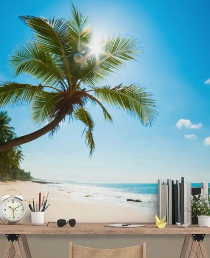 sinivihreä ja kultainen mukautettu rantatapetti seinämaalaus nimeltä Tropical Beach