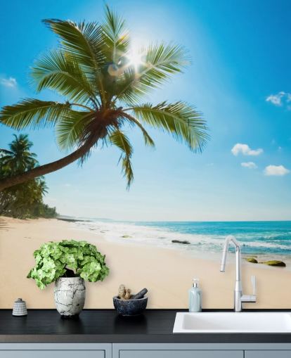 blå grön och guld anpassad strandtapet väggmålning kallad Tropical Beach