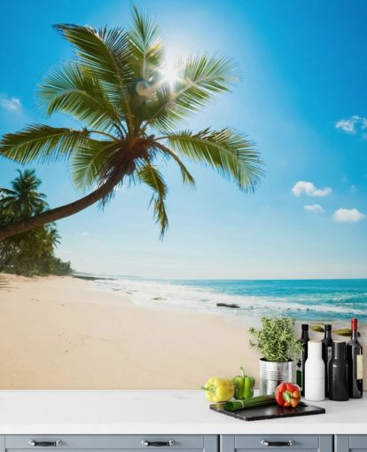 murale di carta da parati da spiaggia personalizzato blu verde e oro chiamato Tropical Beach