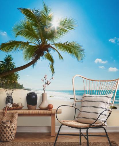 sinivihreä ja kultainen mukautettu rantatapetti seinämaalaus nimeltä Tropical Beach