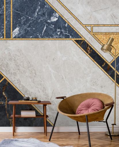 blue, gray, black and gold geometric art deco wallpaper