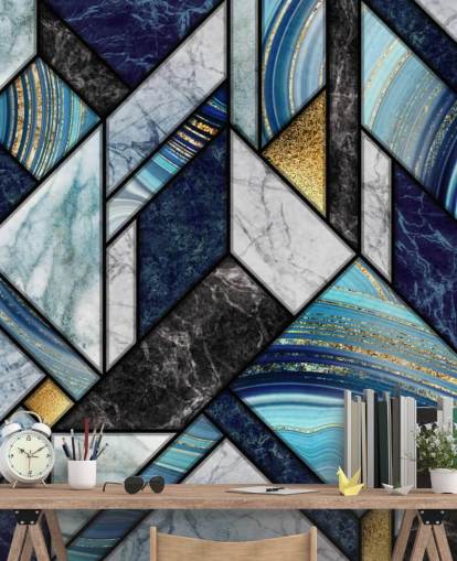 art deco blå marmor tapet
