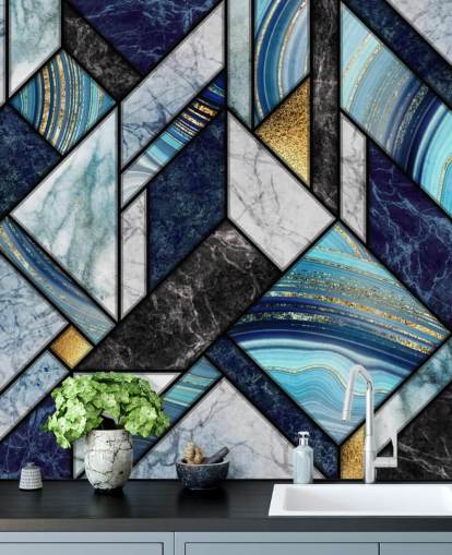 art deco blå marmor tapet