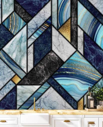 art deco blå marmor tapet