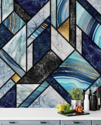 art deco blauw marmeren behang
