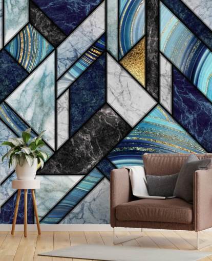 art deco blauw marmeren behang