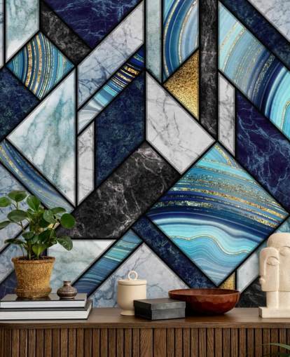 art deco blå marmor tapet