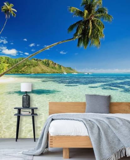 blue and green tropical beach wallpaper mural called Palm Tree Lagoon for bedrooms and home offices