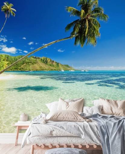 Blau-grüne tropische Strandtapete namens Palm Tree Lagoon für Schlafzimmer und Heimbüros Blau-grüne tropische Strandtapete namens Palm Tree Lagoon für Schlafzimmer und Heimbüros