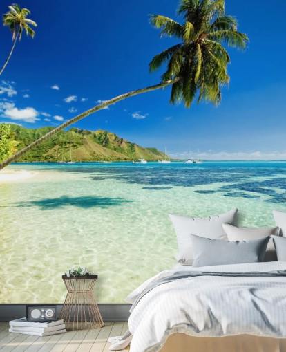 blue and green tropical beach wallpaper mural called Palm Tree Lagoon for bedrooms and home offices