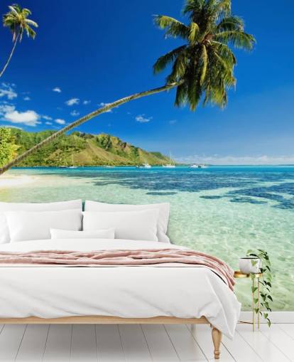 blue and green tropical beach wallpaper mural called Palm Tree Lagoon for bedrooms and home offices