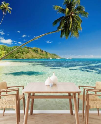 blue and green tropical beach wallpaper mural called Palm Tree Lagoon for bedrooms and home offices