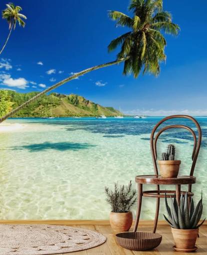 mural de papel de parede de praia tropical azul e verde chamado Palm Tree Lagoon para quartos e escritórios domésticos