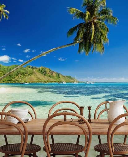 mural de papel pintado de playa tropical azul y verde llamado Palm Tree Lagoon para dormitorios y oficinas en casa