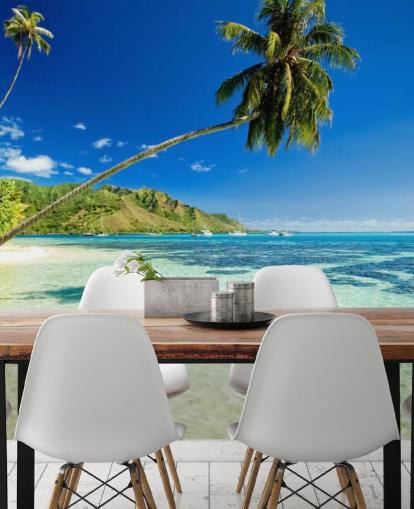 blue and green tropical beach wallpaper mural called Palm Tree Lagoon for bedrooms and home offices