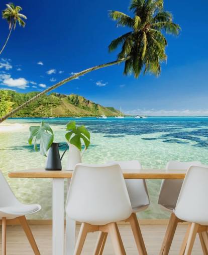 carta da parati murale blu e verde con spiaggia tropicale chiamata Palm Tree Lagoon per camere da letto e uffici domestici carta da parati murale blu e verde con spiaggia tropicale chiamata Palm Tree Lagoon per camere da letto e uffici domestici