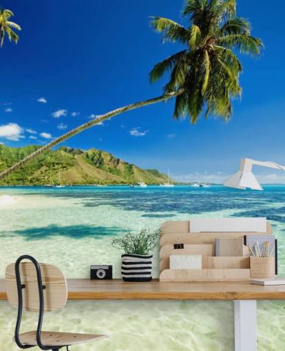 blue and green tropical beach wallpaper mural called Palm Tree Lagoon for bedrooms and home offices