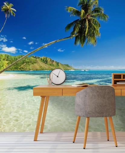 blue and green tropical beach wallpaper mural called Palm Tree Lagoon for bedrooms and home offices