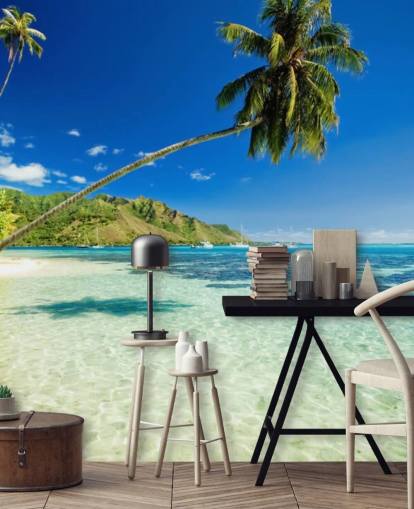 blue and green tropical beach wallpaper mural called Palm Tree Lagoon for bedrooms and home offices