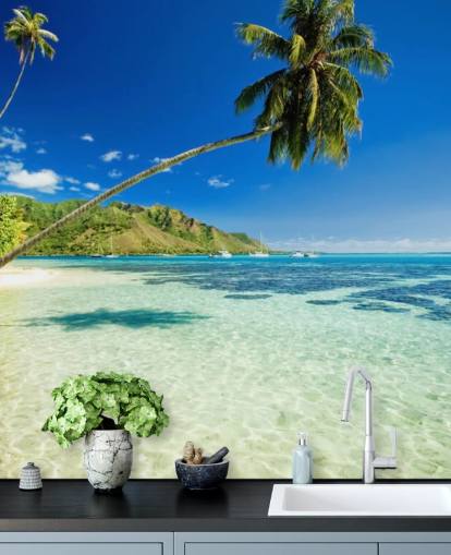 carta da parati murale blu e verde con spiaggia tropicale chiamata Palm Tree Lagoon per camere da letto e uffici domestici carta da parati murale blu e verde con spiaggia tropicale chiamata Palm Tree Lagoon per camere da letto e uffici domestici