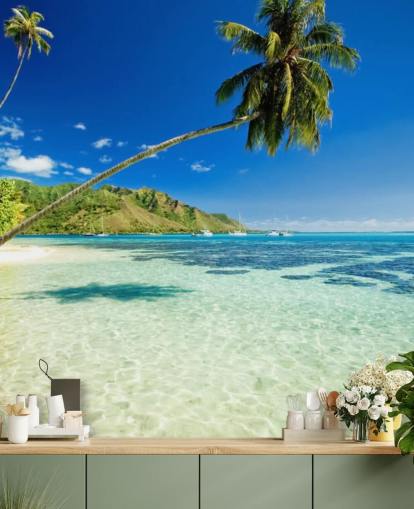 blue and green tropical beach wallpaper mural called Palm Tree Lagoon for bedrooms and home offices