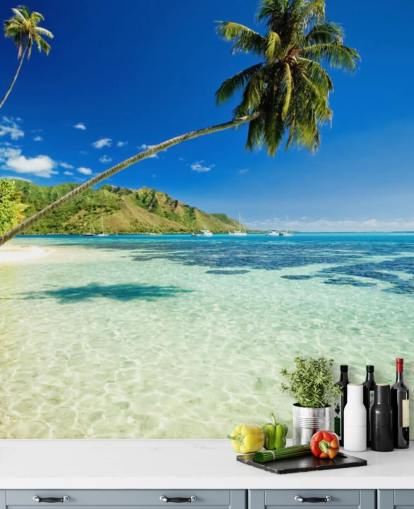 blue and green tropical beach wallpaper mural called Palm Tree Lagoon for bedrooms and home offices