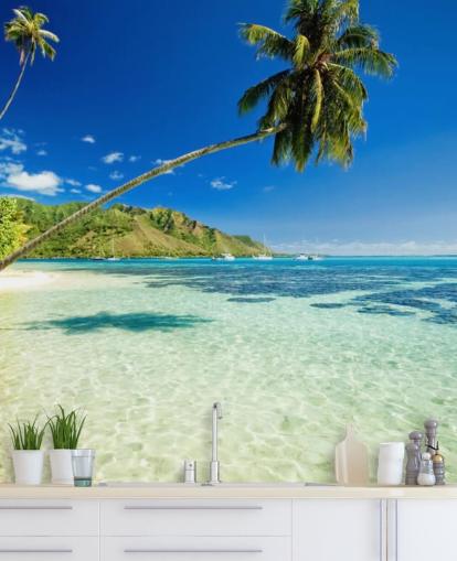 blå og grønn tropisk strand tapet veggmaleri kalt Palm Tree Lagoon for soverom og hjemmekontorer