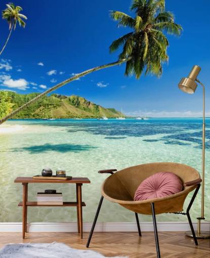 Blau-grüne tropische Strandtapete namens Palm Tree Lagoon für Schlafzimmer und Heimbüros