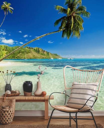 sininen ja vihreä trooppinen ranta taustakuvamaalaus nimeltä Palm Tree Lagoon makuuhuoneisiin ja kotitoimistoihin sininen ja vihreä trooppinen ranta taustakuvamaalaus nimeltä Palm Tree Lagoon makuuhuoneisiin ja kotitoimistoihin