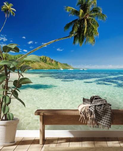 blue and green tropical beach wallpaper mural called Palm Tree Lagoon for bedrooms and home offices